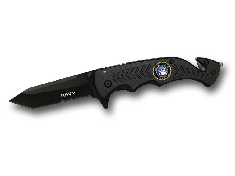 8 Inch Assisted Open Rescue Series Knife All Black US Navy - TOPHATTER'S ARMORY DEALS Collectible Weapons - Tophatter Daily Deals