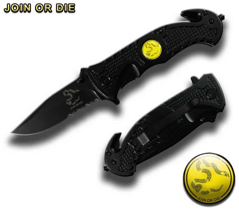 4.5" Spring Assist " Join Or Die " Folding Knife - Black Collectible Weapons - Tophatter Daily Deals