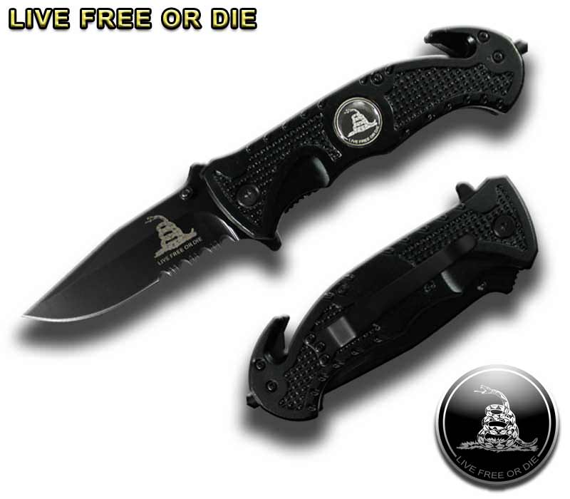4.5" Spring Assist " Live Free Or Die " Folding Knife - Black Collectible Weapons - Tophatter Daily Deals