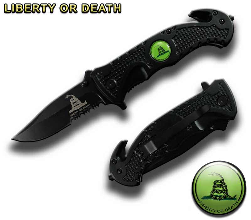 4.5" Spring Assist " Liberty Or Death " Folding Knife - Black - TOPHATTER'S ARMORY DEALS Collectible Weapons - Tophatter Daily Deals
