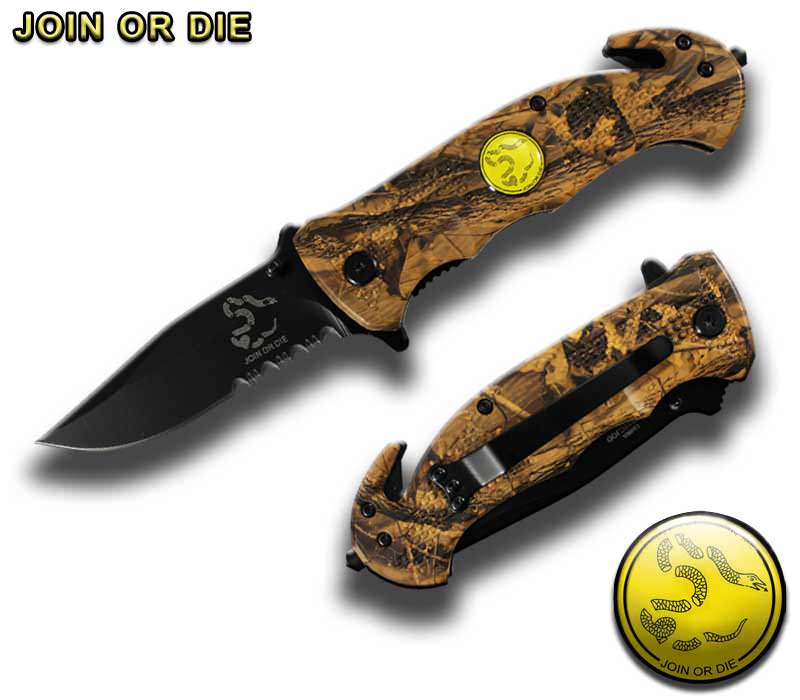 4.5" Spring Assist " Join Or Die " Folding Knife - Camo - Tophatter's Army Products & Self Defense Collectible Weapons - Tophatter Daily Deals