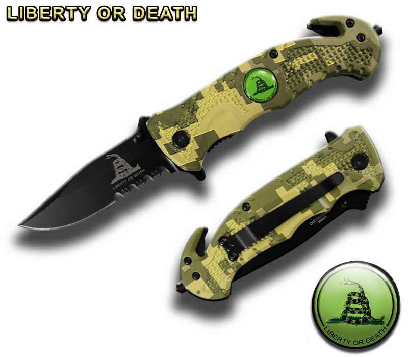 4.5" Spring Assist " Liberty Or Death " Folding Knife - Camo - Tophatter's Guns'N'Weapons Store Collectible Weapons - Tophatter Daily Deals