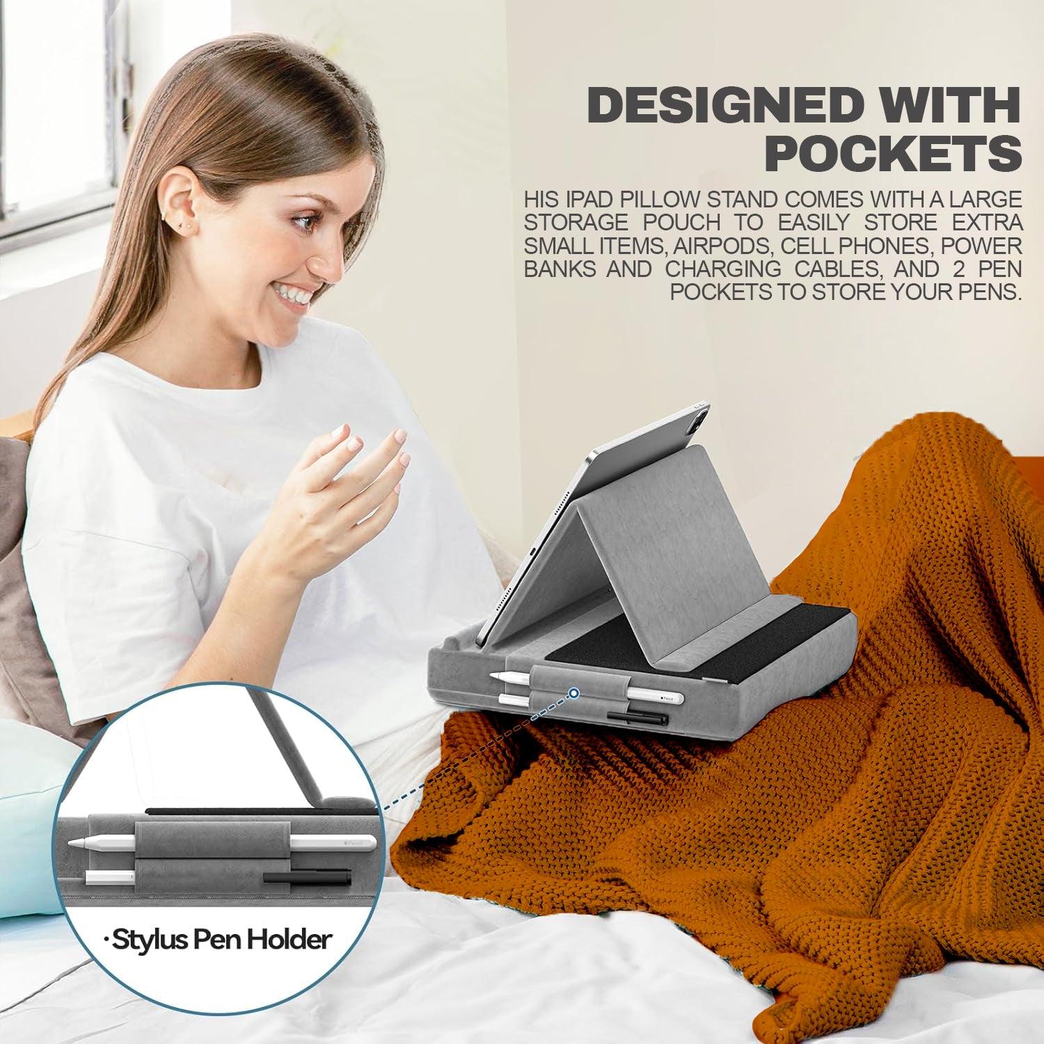 Tablet Pillow Stand - Foldable iPad Holder for Lap | Bed and Desk with Pocket & Stylus Mount Compatible with iPad Pro 12.9, 10.5, 9.7 Air Mini 6 5 4 3 Apparel & Accessories - Tophatter Daily Deals