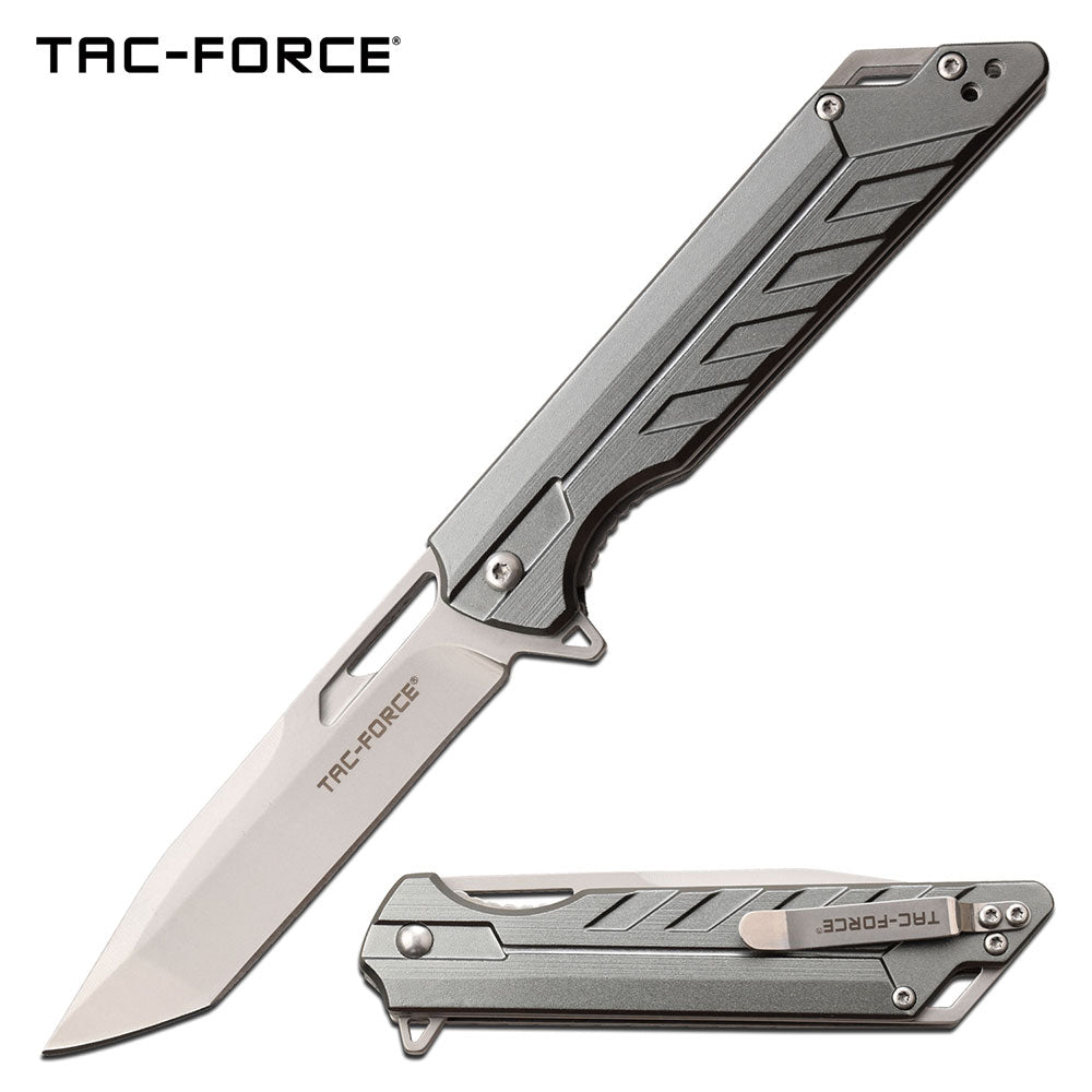 Tac Force Silver Anodized Aluminum Modern Cool Knife For Sale Tophatter's Spring Assisted Knives Tac Force Silver Anodized Aluminum Modern Cool Knife For Sale (TF-1034GY) - Tophatter Daily Deals
