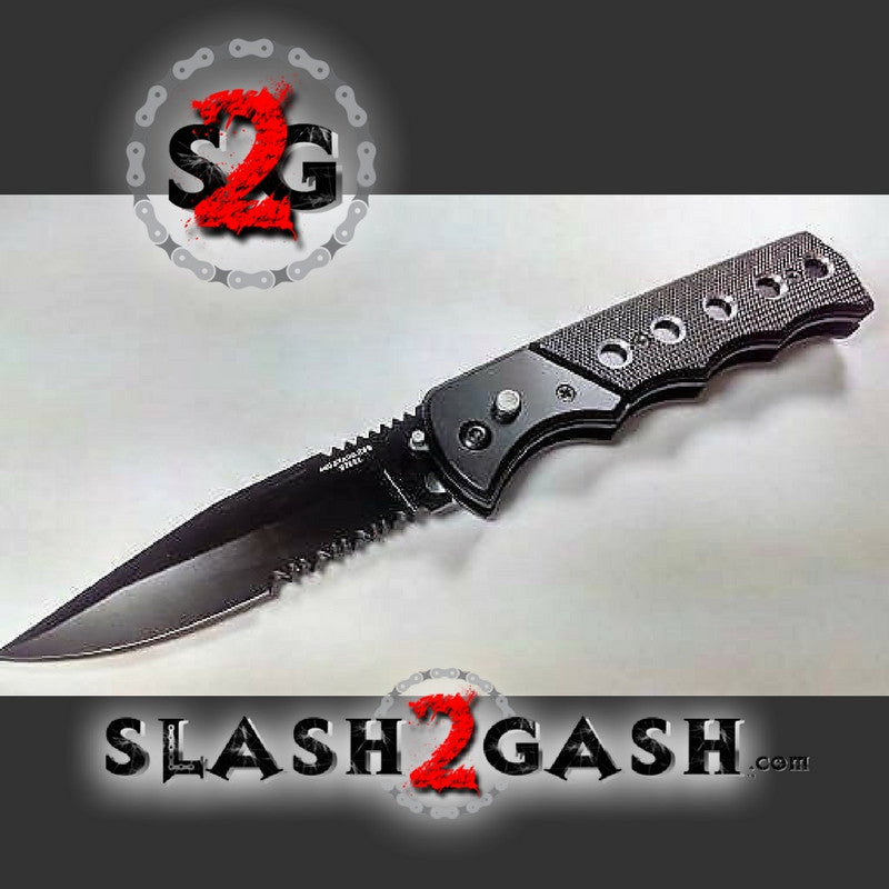 Black Tactical Diamond Grip Automatic Knife Serrated w/ Saftey Lock Knife-Auto - Tophatter Daily Deals
