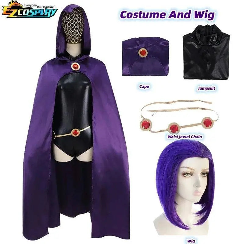 Teen Titans Raven Cosplay Costume Deluxe Jumpsuit Cloak Belt Suit Halloween Uniform for Women XS-3XL Costume With Wig - Tophatter Daily Deals