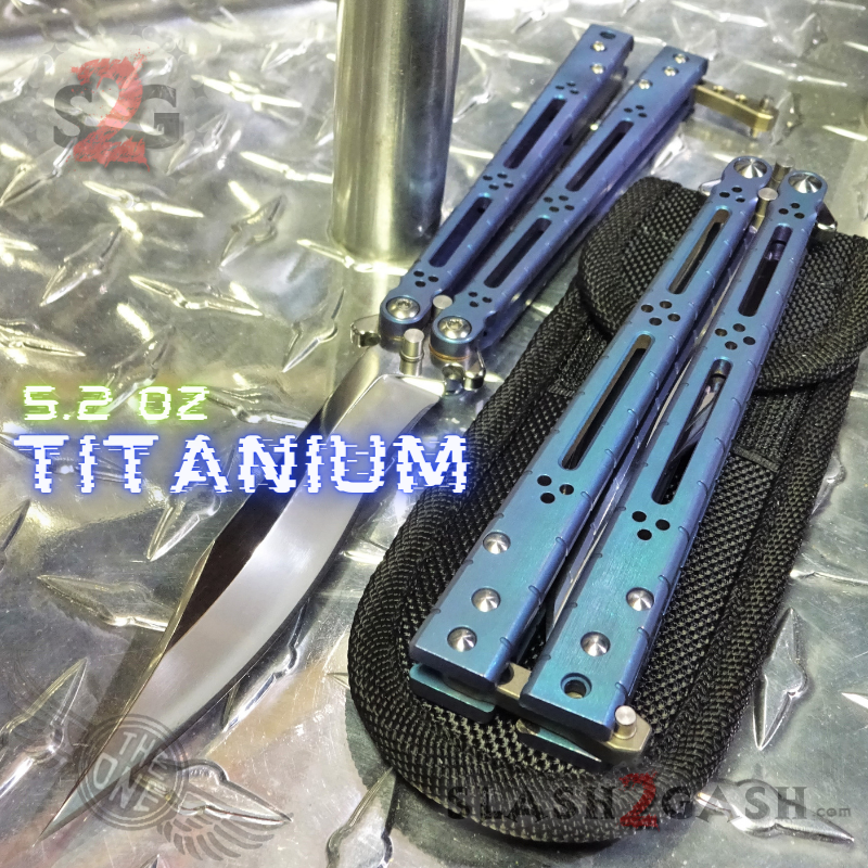 TheONE Butterfly Knife w/ Bushings TITANIUM Balisong - (clone) Lizard Blue w Chrome Mirror Blade Knife-Balisong - Tophatter Daily Deals