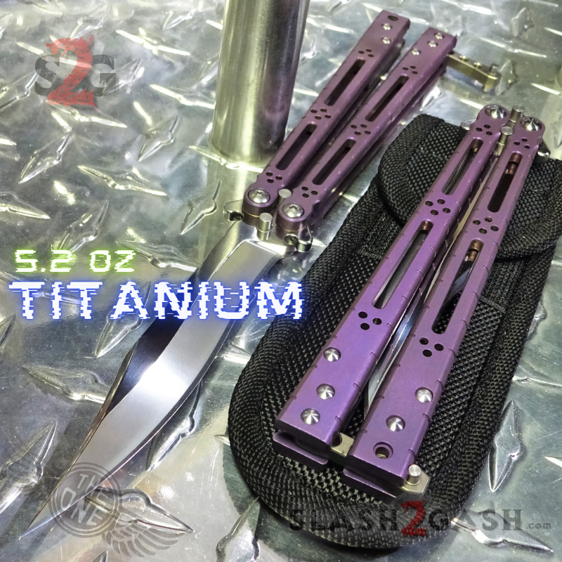 TheONE Butterfly Knife w/ Bushings TITANIUM Balisong - (clone) Lizard Purple w Chrome Mirror Blade Knife-Balisong - Tophatter Daily Deals