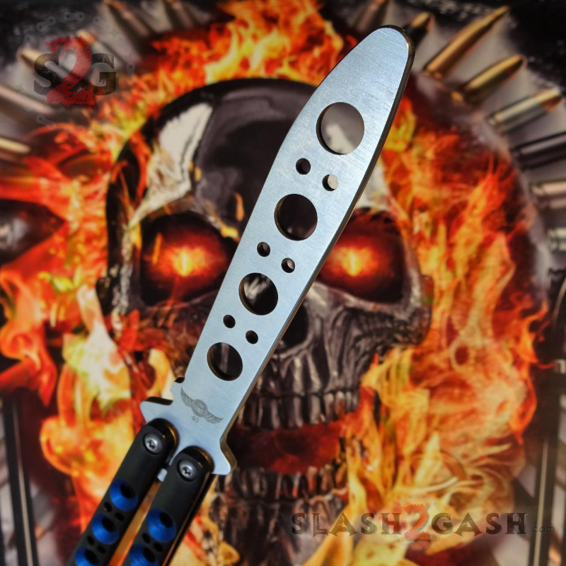 TheONE Butterfly Knife w/ BUSHINGS 440C Channel Balisong - BEST Version TRAINER 40 Black w Blue Holes Knife-Balisong - Tophatter Daily Deals