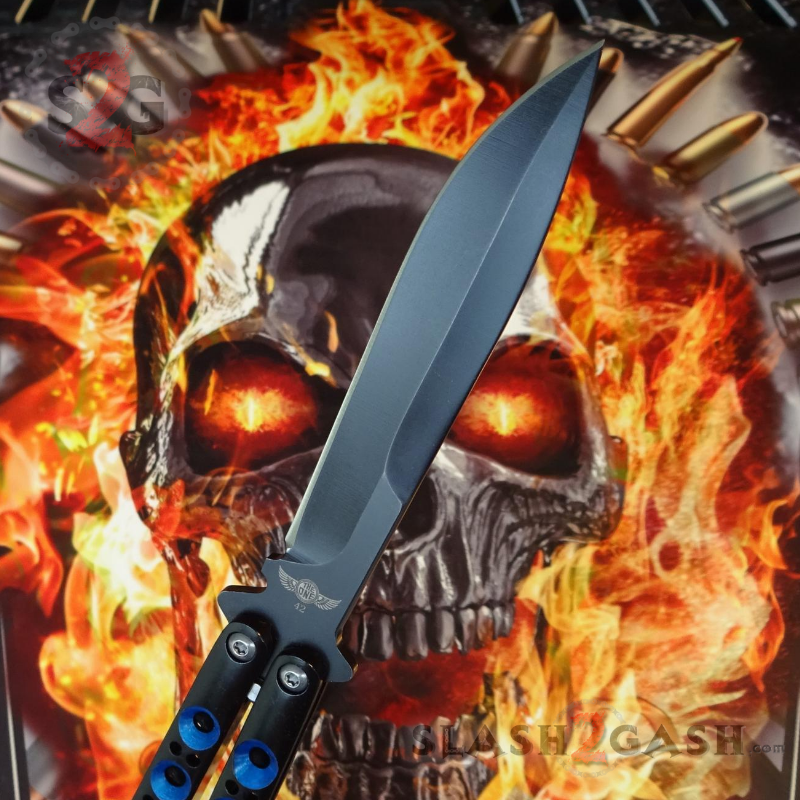 TheONE Butterfly Knife w/ BUSHINGS 440C Channel Balisong - BEST Version Black 42 Black w Blue holes Knife-Balisong - Tophatter Daily Deals