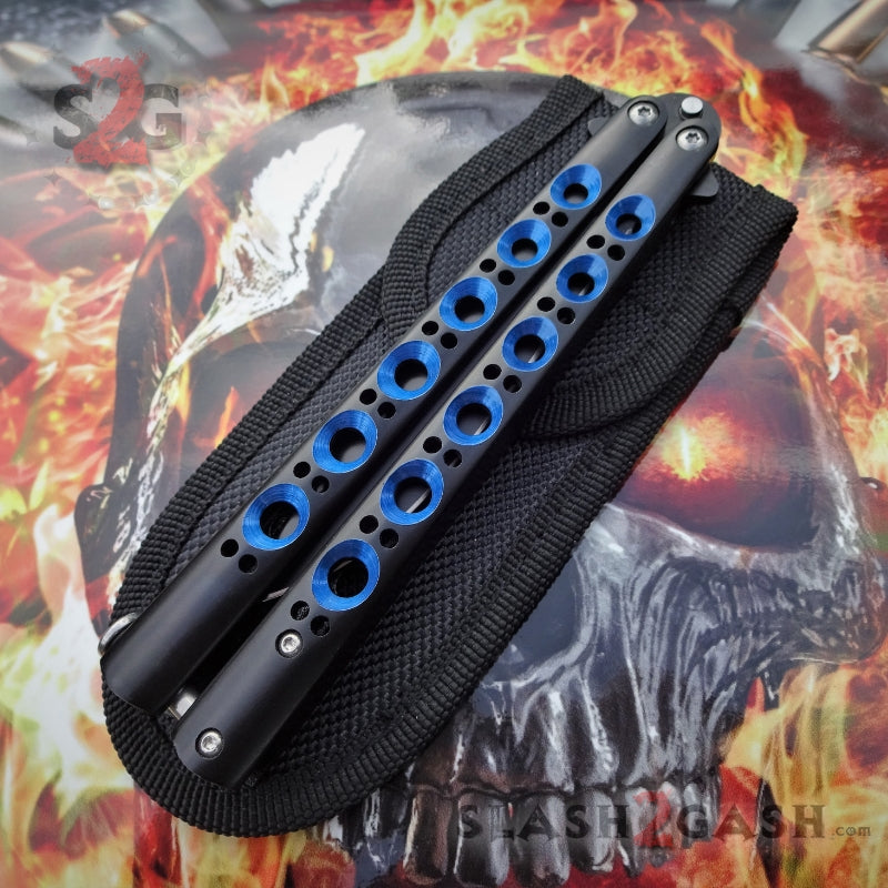 TheONE Butterfly Knife 440C Channel Balisong w/ Spring Latch - 5 Blades Tanto - Black+Blue Holes (blade will be satin) Knife-Balisong - Tophatter Daily Deals