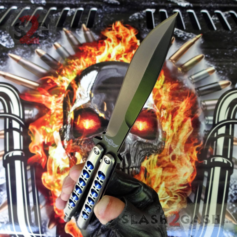 TheONE Butterfly Knife w/ BUSHINGS 440C Channel Balisong - BEST Version Black 42 Satin w Blue Holes Knife-Balisong - Tophatter Daily Deals
