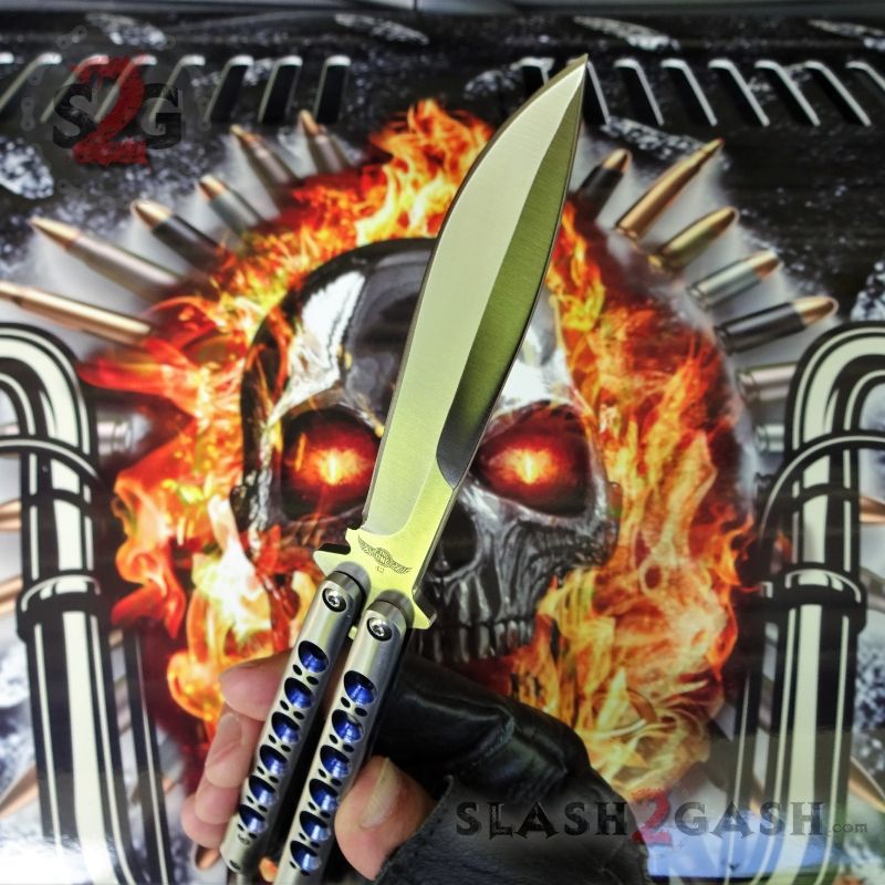 TheONE Butterfly Knife w/ BUSHINGS 440C Channel Balisong - Satin 42 Blue Knife-Balisong - Tophatter Daily Deals