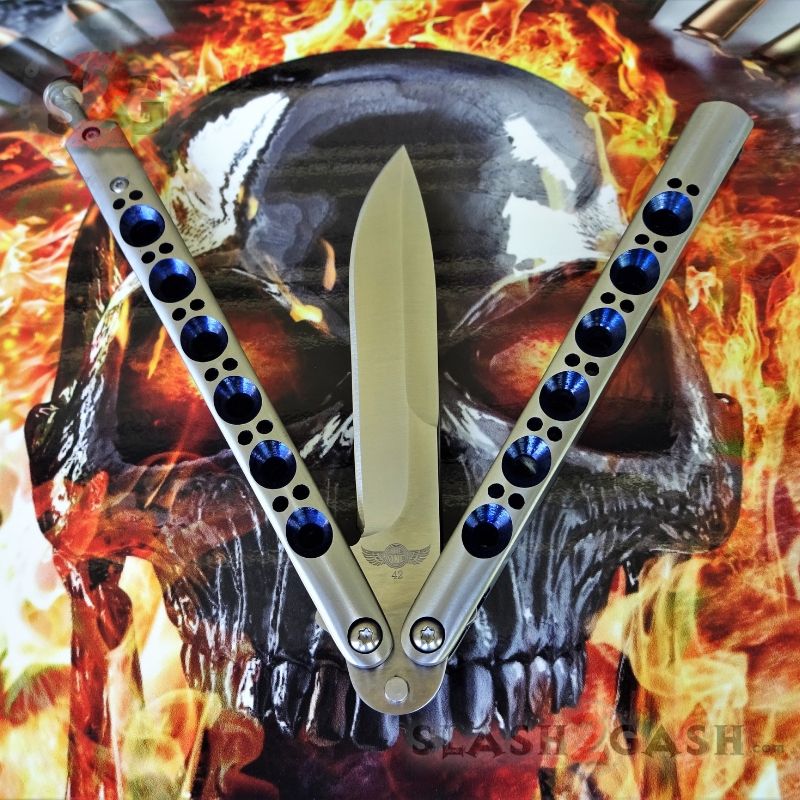 TheONE Butterfly Knife w/ BUSHINGS 440C Channel Balisong - Satin 42 Blue Knife-Balisong - Tophatter Daily Deals