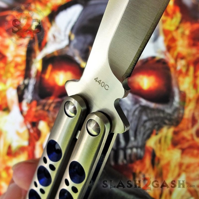 TheONE Butterfly Knife w/ BUSHINGS 440C Channel Balisong - Satin 42 Blue Knife-Balisong - Tophatter Daily Deals