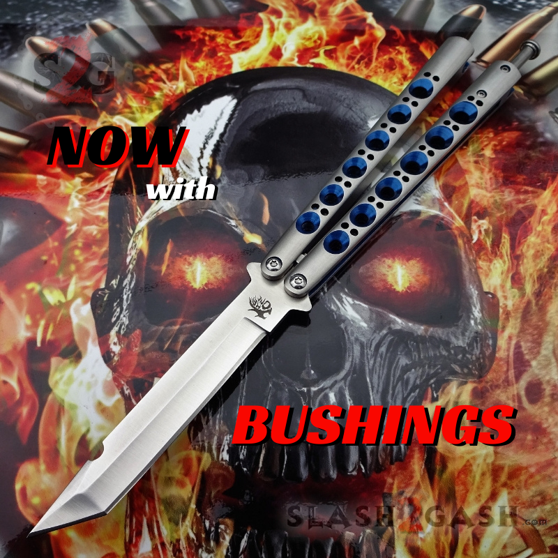 TheONE Butterfly Knife w/ BUSHINGS 440C Channel Balisong - Tanto Halo Satin w Blue holes Knife-Balisong - Tophatter Daily Deals