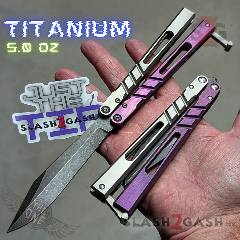 TheONE CHAB Balisong Clone TITANIUM Butterfly Knife D2 w/ Zen Pins - V1 Dual-tone (Grey Purple) - Sharp, Alt Blade (Black) Knife-Balisong - Tophatter Daily Deals