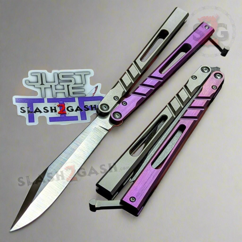 TheONE CHAB Balisong Clone TITANIUM Butterfly Knife D2 w/ Zen Pins - V1 Dual-tone (Grey Purple) - Sharp, Alt Blade (Satin) Knife-Balisong - Tophatter Daily Deals