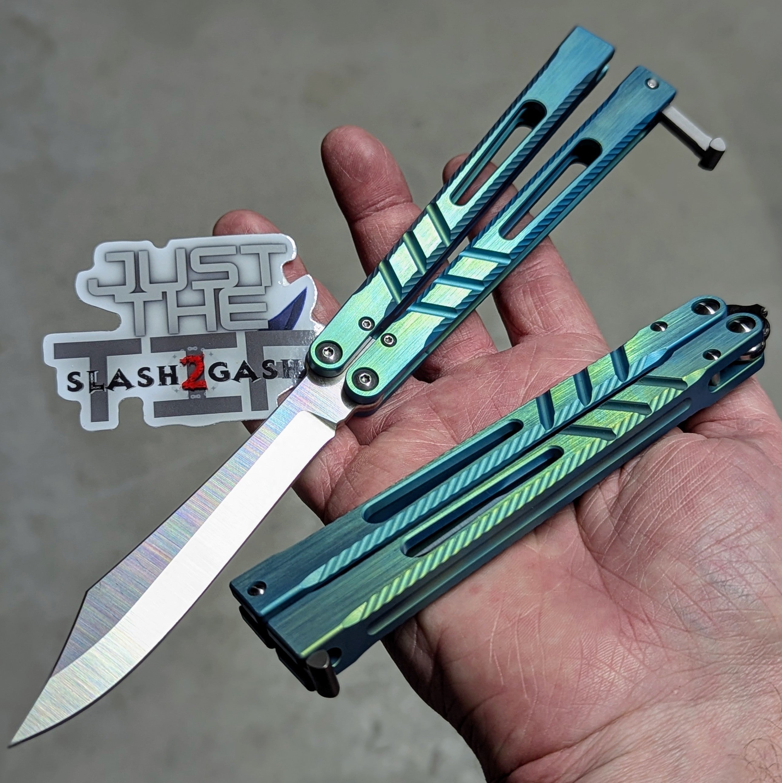 TheONE CHAB v2 Balisong Clone TITANIUM Butterfly Knife - Textured V2 Green V2 - Sharp (Scimitar, Satin) Knife-Balisong - Tophatter Daily Deals