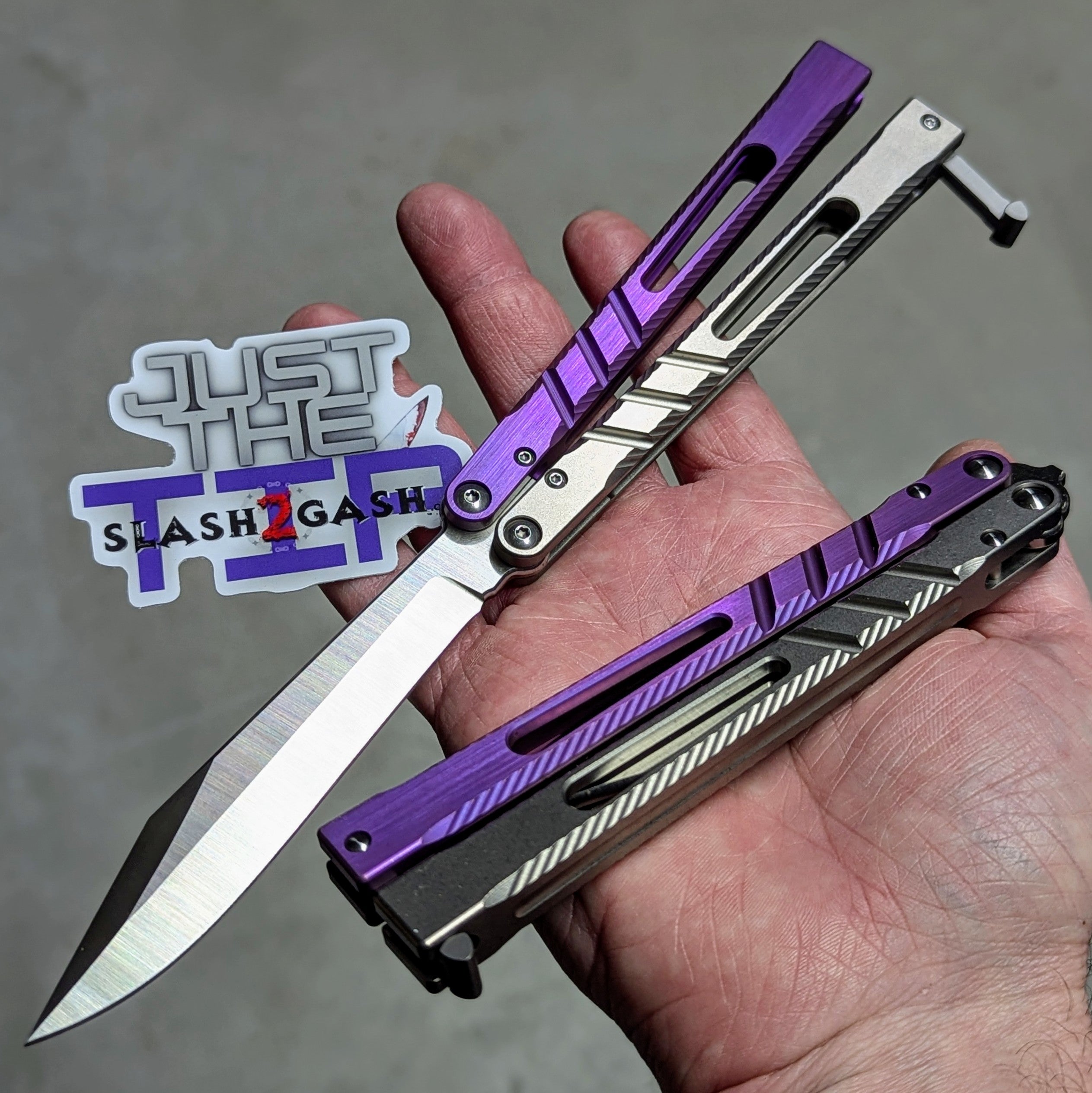 TheONE CHAB v2 Balisong Clone TITANIUM Butterfly Knife - Textured V2 Dual-tone (Grey Purple) V2 - Sharp (Alt Blade, Satin) Knife-Balisong - Tophatter Daily Deals