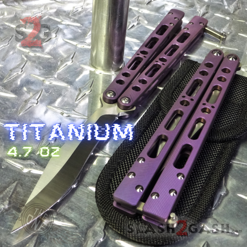 TheONE Butterfly Knife w/ Bushings TITANIUM Balisong - (clone) EX10 Bowie (sharp) - Purple Knife-Balisong - Tophatter Daily Deals