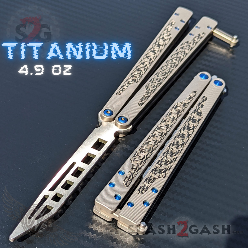 TheONE Butterfly Knife w/ Bushings TITANIUM Balisong - (clone) EX10 Trainer - Carbon Fiber w Blue Screws Knife-Balisong - Tophatter Daily Deals