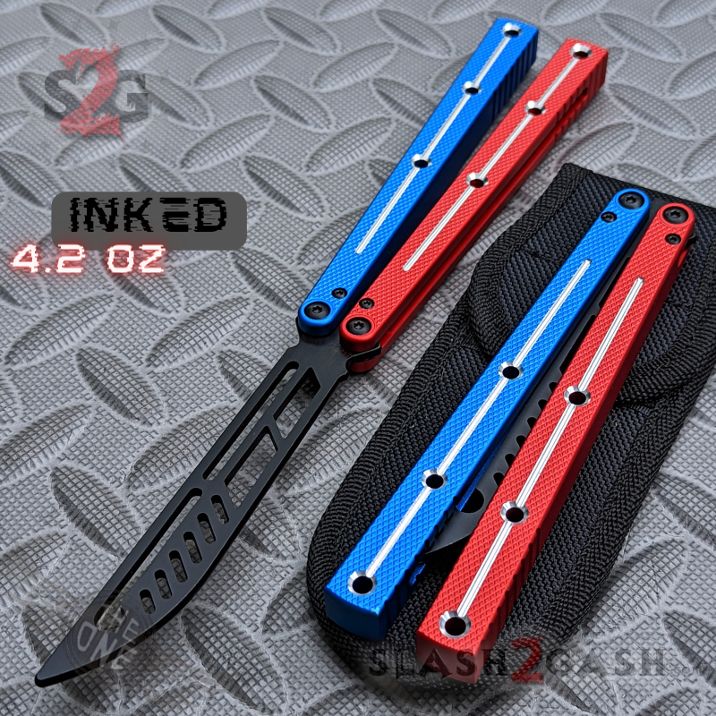 TheONE Channel Balisong KRAKEN clone w/ Black Hardware - Trainer INKED Blue Red - w Black Trainer (dull) Knife-Balisong - Tophatter Daily Deals