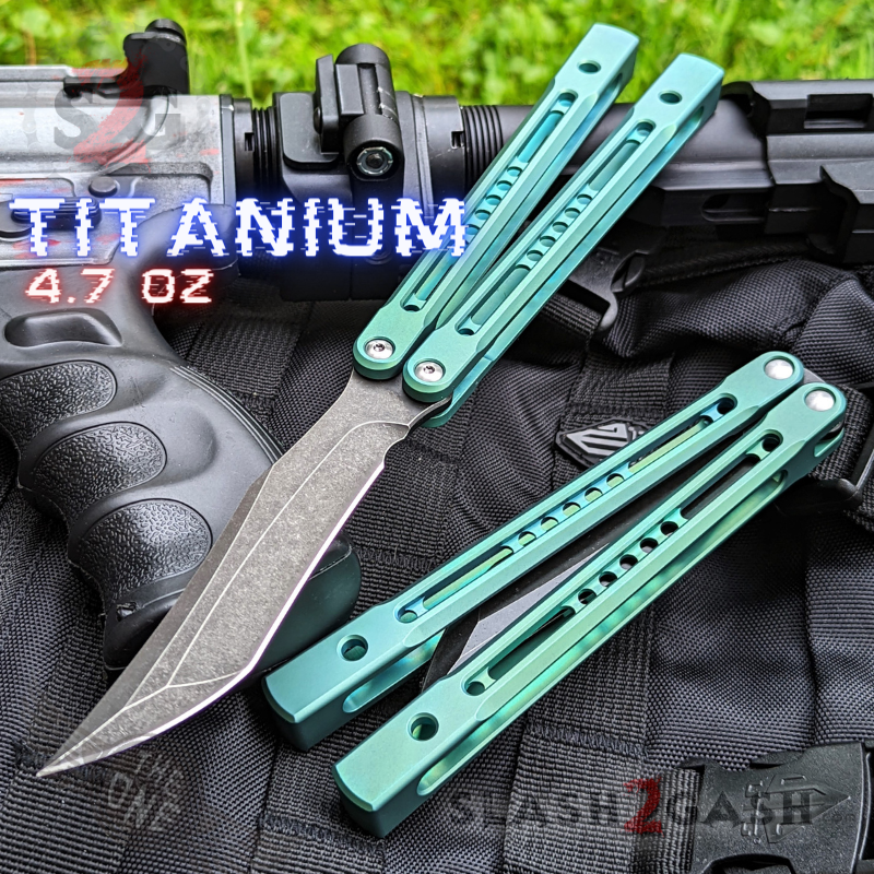 TheONE Channel Balisong TITANIUM Butterfly Knife D2 Monarch - V2 (clone) Green - Sharp (Black Blade) Knife-Balisong - Tophatter Daily Deals