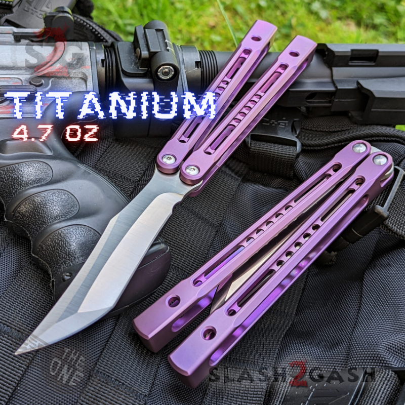 TheONE Channel Balisong TITANIUM Butterfly Knife D2 Monarch - V2 (clone) Purple - Sharp (Satin Blade) Knife-Balisong - Tophatter Daily Deals