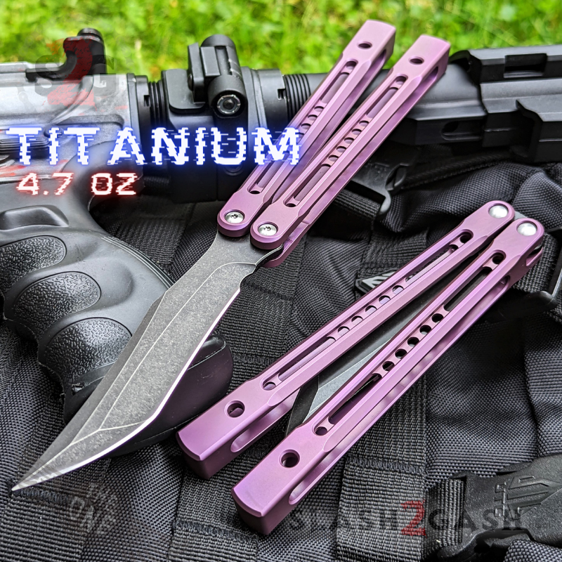 TheONE Channel Balisong TITANIUM Butterfly Knife D2 Monarch - V2 (clone) Purple - Sharp (Black Blade) Knife-Balisong - Tophatter Daily Deals