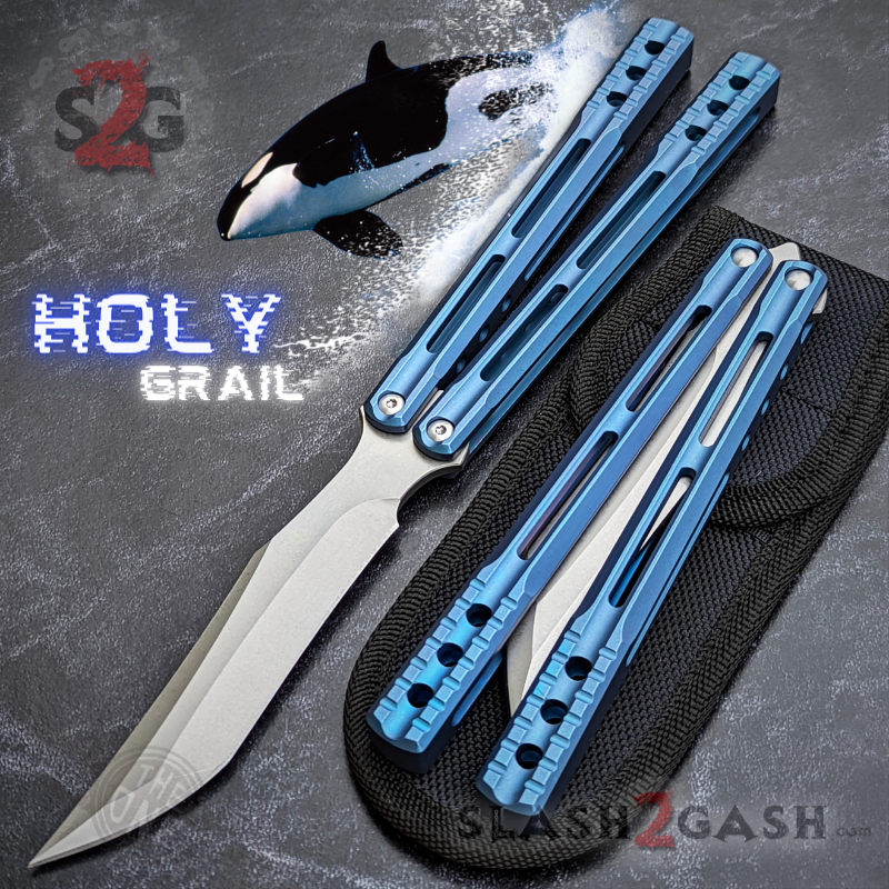 TheONE Channel Balisong TITANIUM Butterfly Knife D2 Orca - (clone) Blue - Sharp (Blade will be Satin finish) Knife-Balisong - Tophatter Daily Deals