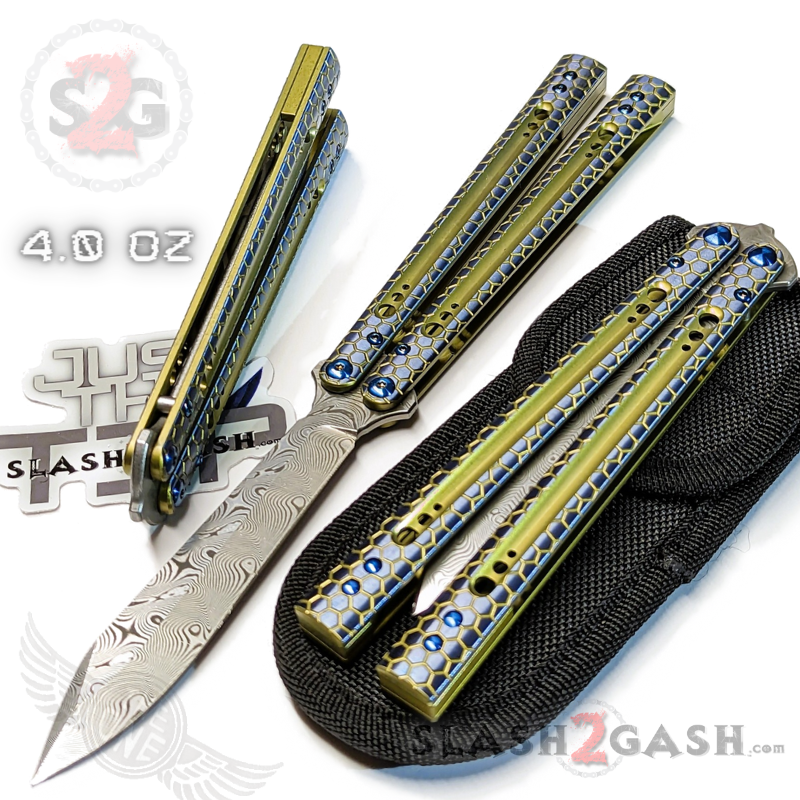 TheONE Python Clone Butterfly Knife TITANIUM Balisong - Damascus Blue Gold - Sharp (Damascus Steel) Knife-Balisong - Tophatter Daily Deals