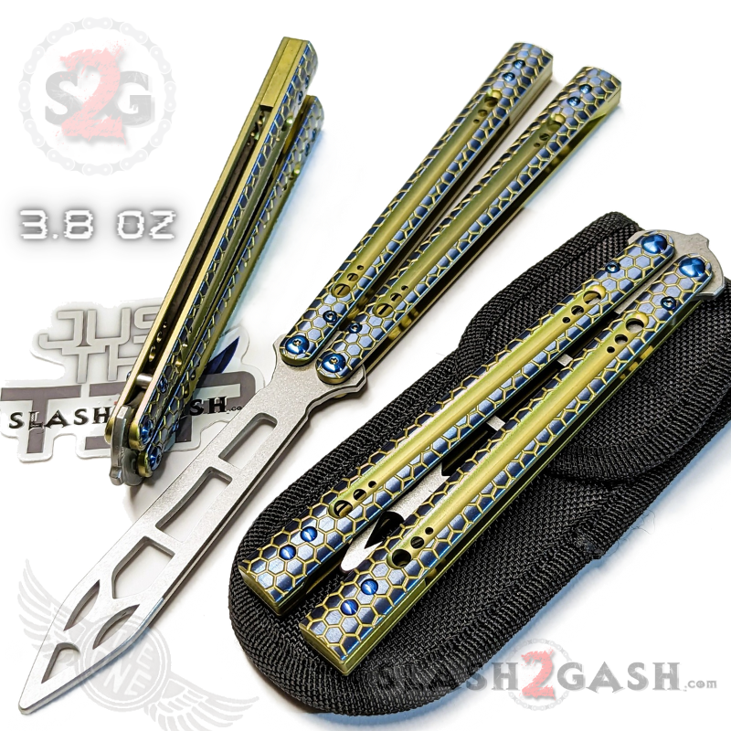 TheONE Python Clone Butterfly Knife TITANIUM Balisong - Damascus Blue Gold - Trainer Knife-Balisong - Tophatter Daily Deals
