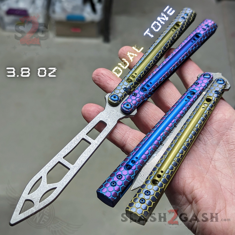 TheONE Python Clone Butterfly Knife TITANIUM Balisong - Damascus Dual Tone - Purple Gold - Trainer Knife-Balisong - Tophatter Daily Deals
