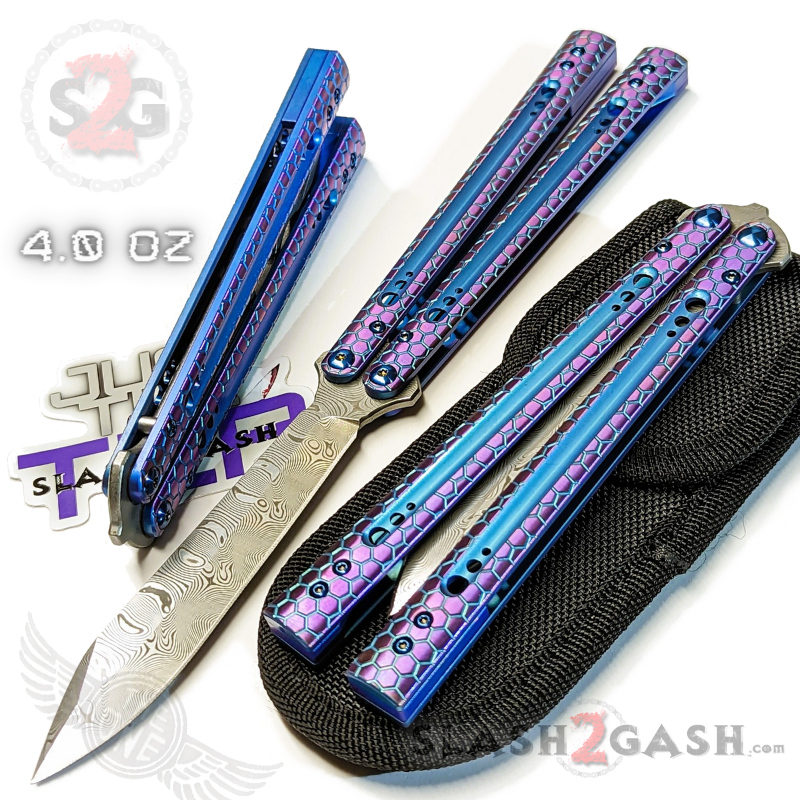 TheONE Python Clone Butterfly Knife TITANIUM Balisong - Damascus Purple Blue - Sharp (Damascus Steel) Knife-Balisong - Tophatter Daily Deals