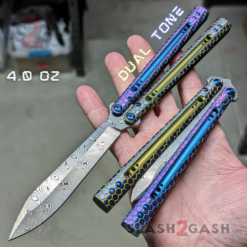 TheONE Python Clone Butterfly Knife TITANIUM Balisong - Damascus Dual Tone - Purple Gold - Sharp (Damascus Steel) Knife-Balisong - Tophatter Daily Deals