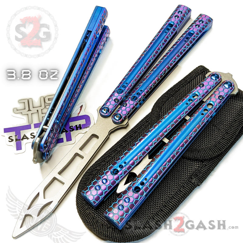 TheONE Python Clone Butterfly Knife TITANIUM Balisong - Damascus Purple Blue - Trainer Knife-Balisong - Tophatter Daily Deals