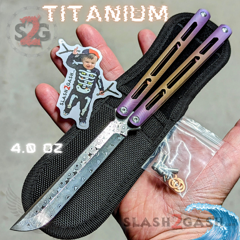 TheONE Tsunami Clone TITANIUM Balisong Butterfly Knife - Channel Purple Fade - Sharp (Damascus Steel) Knife-Balisong - Tophatter Daily Deals