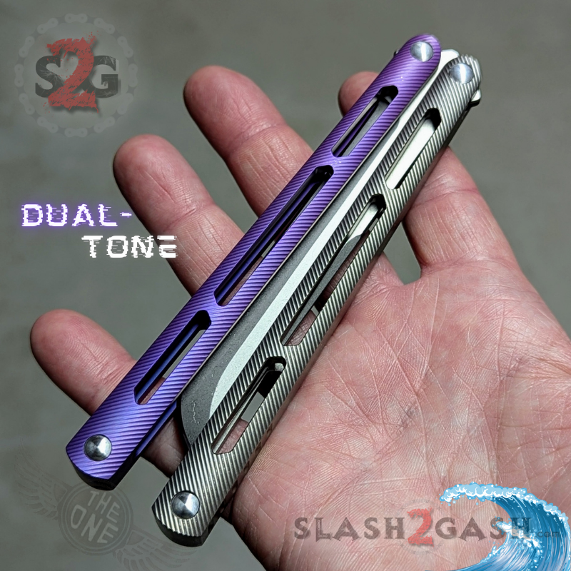 TheONE Tsunami Clone TITANIUM Balisong Butterfly Knife - Channel Dual-tone (Purple Knife-Balisong - Tophatter Daily Deals