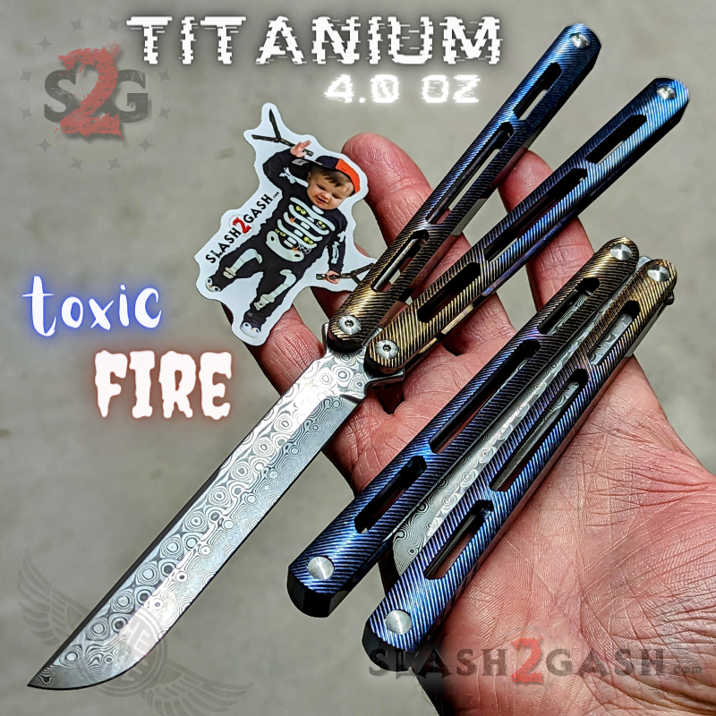 TheONE Tsunami Clone TITANIUM Balisong Butterfly Knife - Channel Toxic Fire ano - Sharp (Damascus Steel) Knife-Balisong - Tophatter Daily Deals