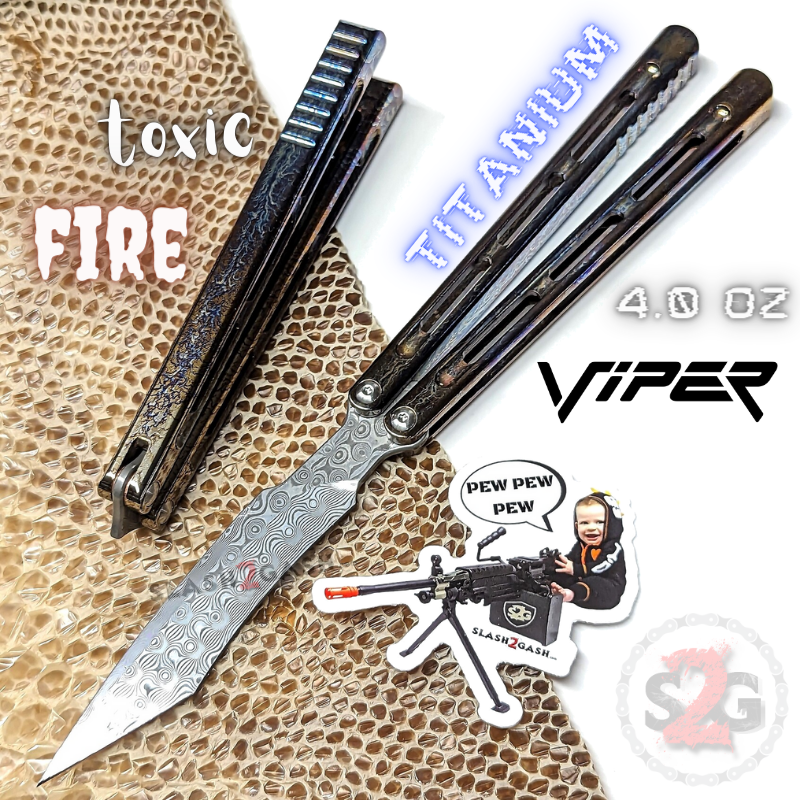 TheONE Viper Clone TITANIUM Balisong Butterfly Knife - Channel Toxic Fire ano - Sharp (Damascus Steel) Knife-Balisong - Tophatter Daily Deals
