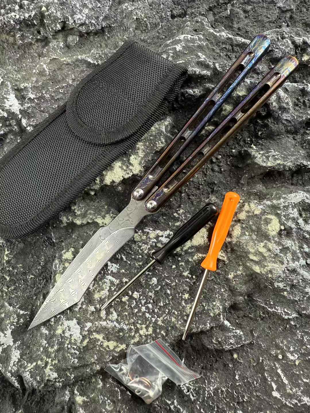 TheOne Integral Titanium Handle Flamed Viper Butterfly Damascus Blade Balisong Series - Tophatter Daily Deals