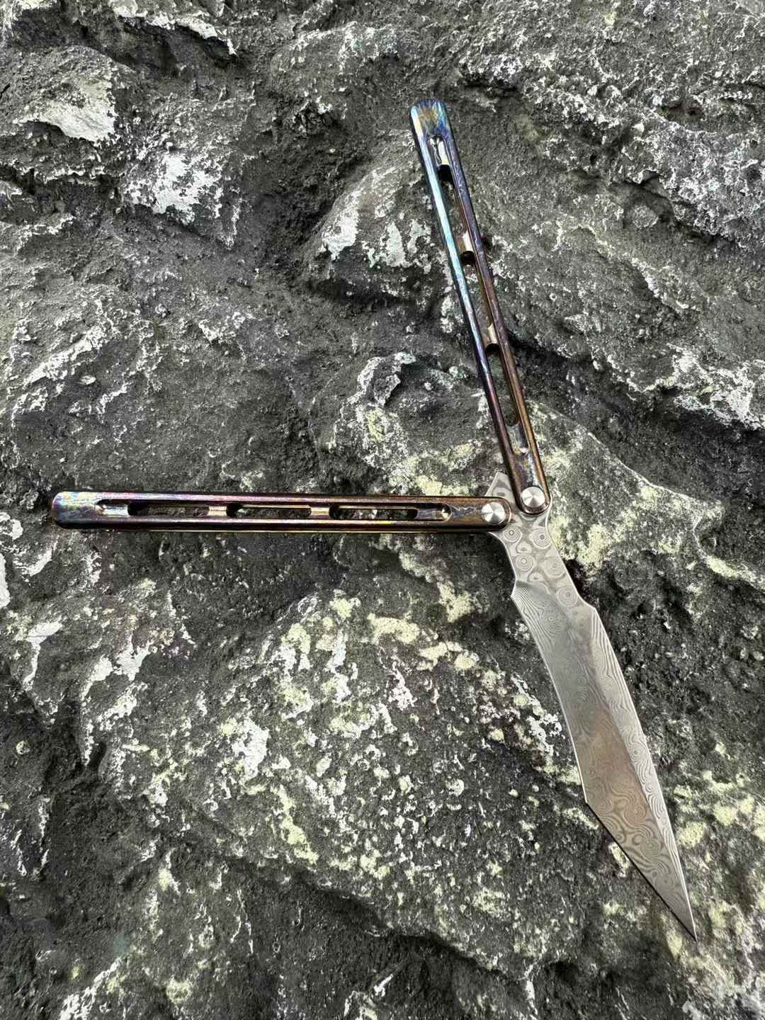 TheOne Integral Titanium Handle Flamed Viper Butterfly Damascus Blade Balisong Series - Tophatter Daily Deals