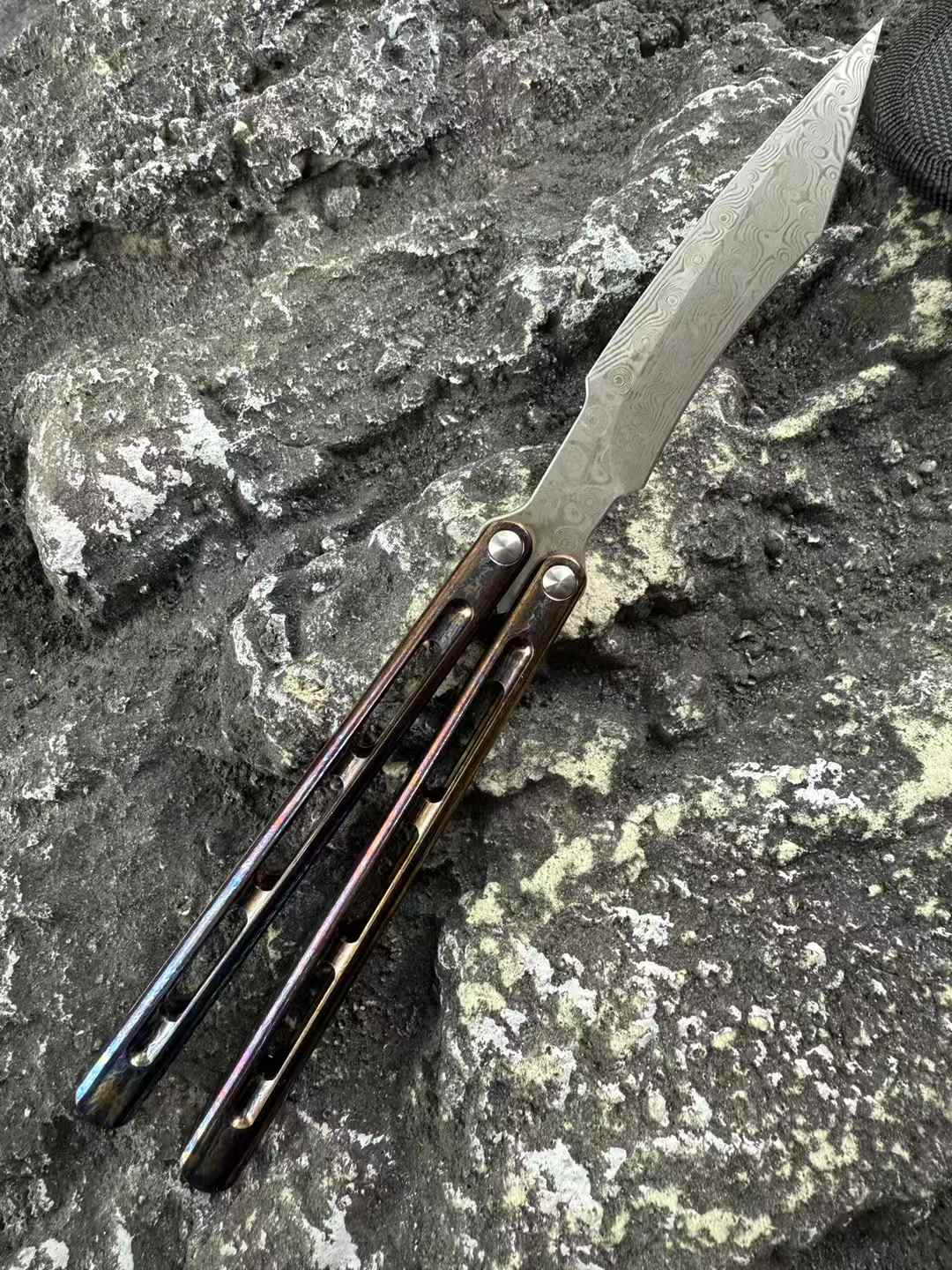 TheOne Integral Titanium Handle Flamed Viper Butterfly Damascus Blade Balisong Series - Tophatter Daily Deals