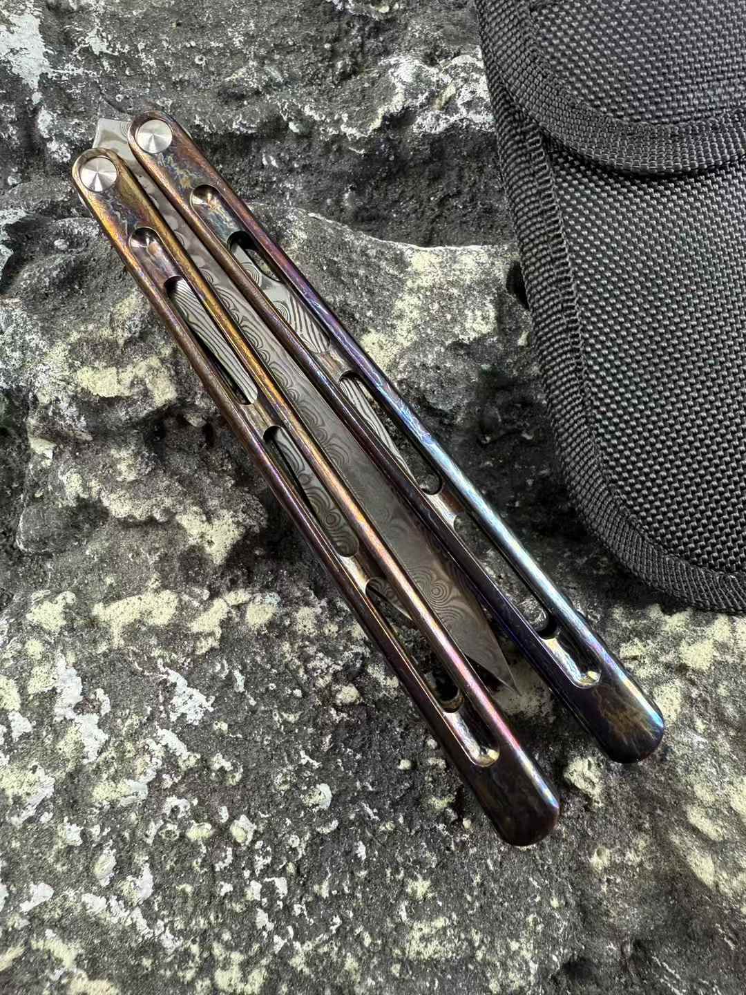 TheOne Integral Titanium Handle Flamed Viper Butterfly Damascus Blade Balisong Series - Tophatter Daily Deals