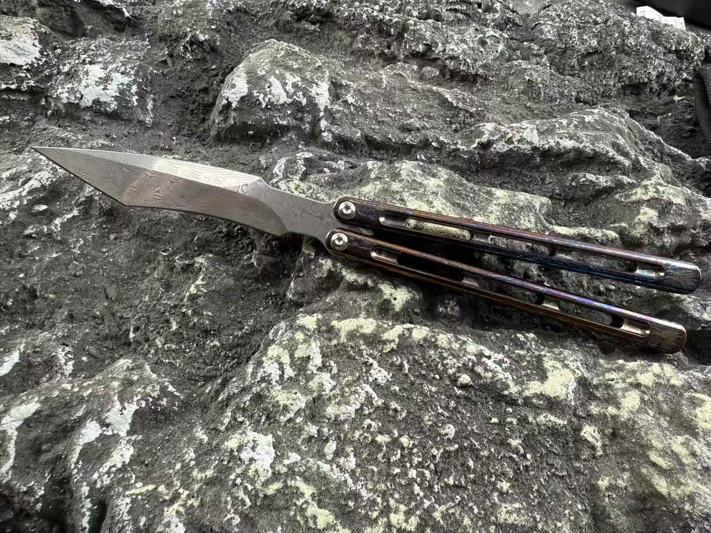 TheOne Integral Titanium Handle Flamed Viper Butterfly Damascus Blade Balisong Series - Tophatter Daily Deals