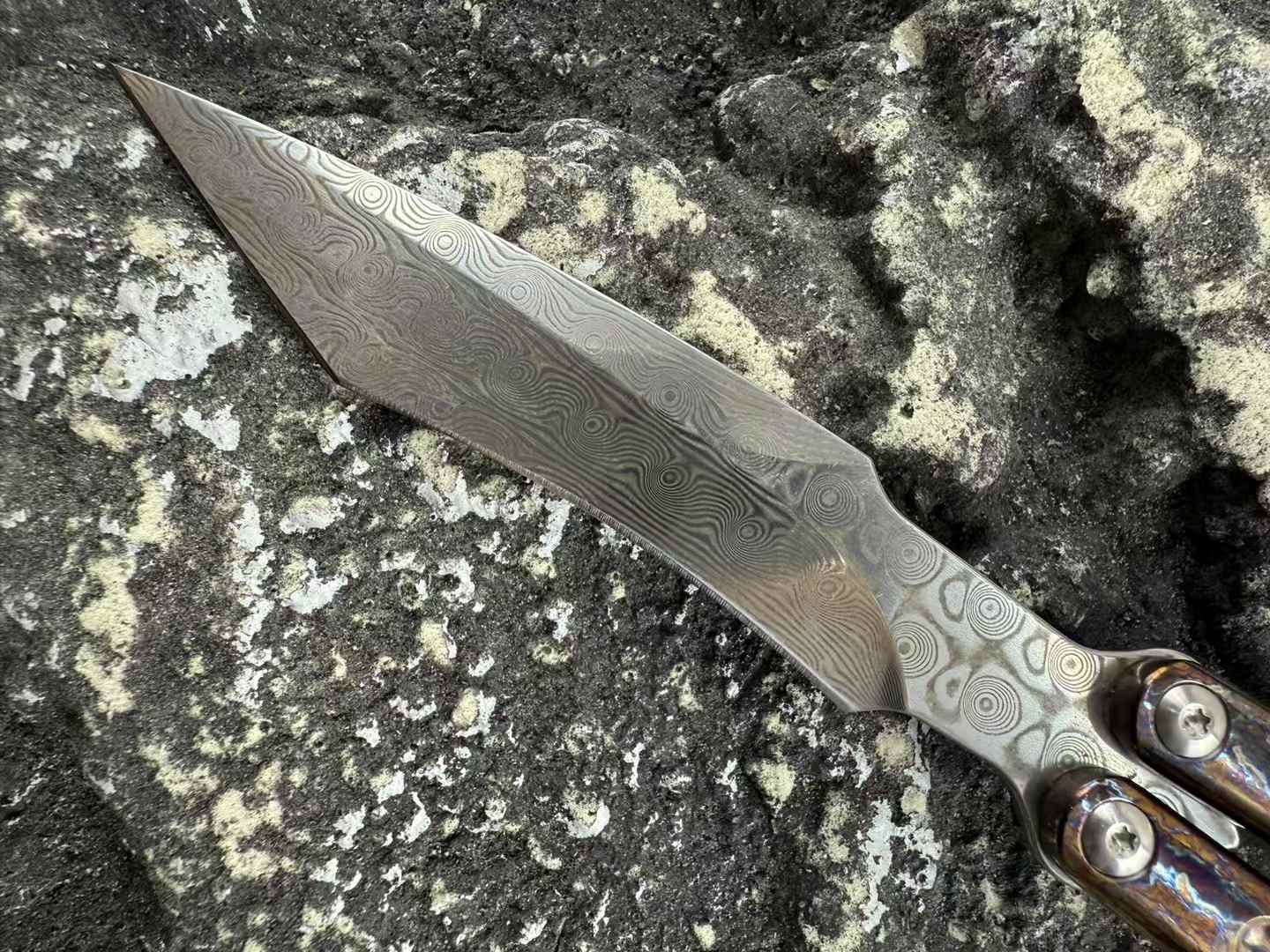 TheOne Integral Titanium Handle Flamed Viper Butterfly Damascus Blade Balisong Series - Tophatter Daily Deals
