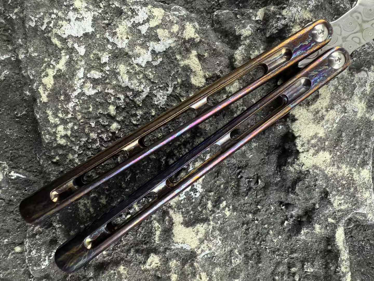 TheOne Integral Titanium Handle Flamed Viper Butterfly Damascus Blade Balisong Series - Tophatter Daily Deals