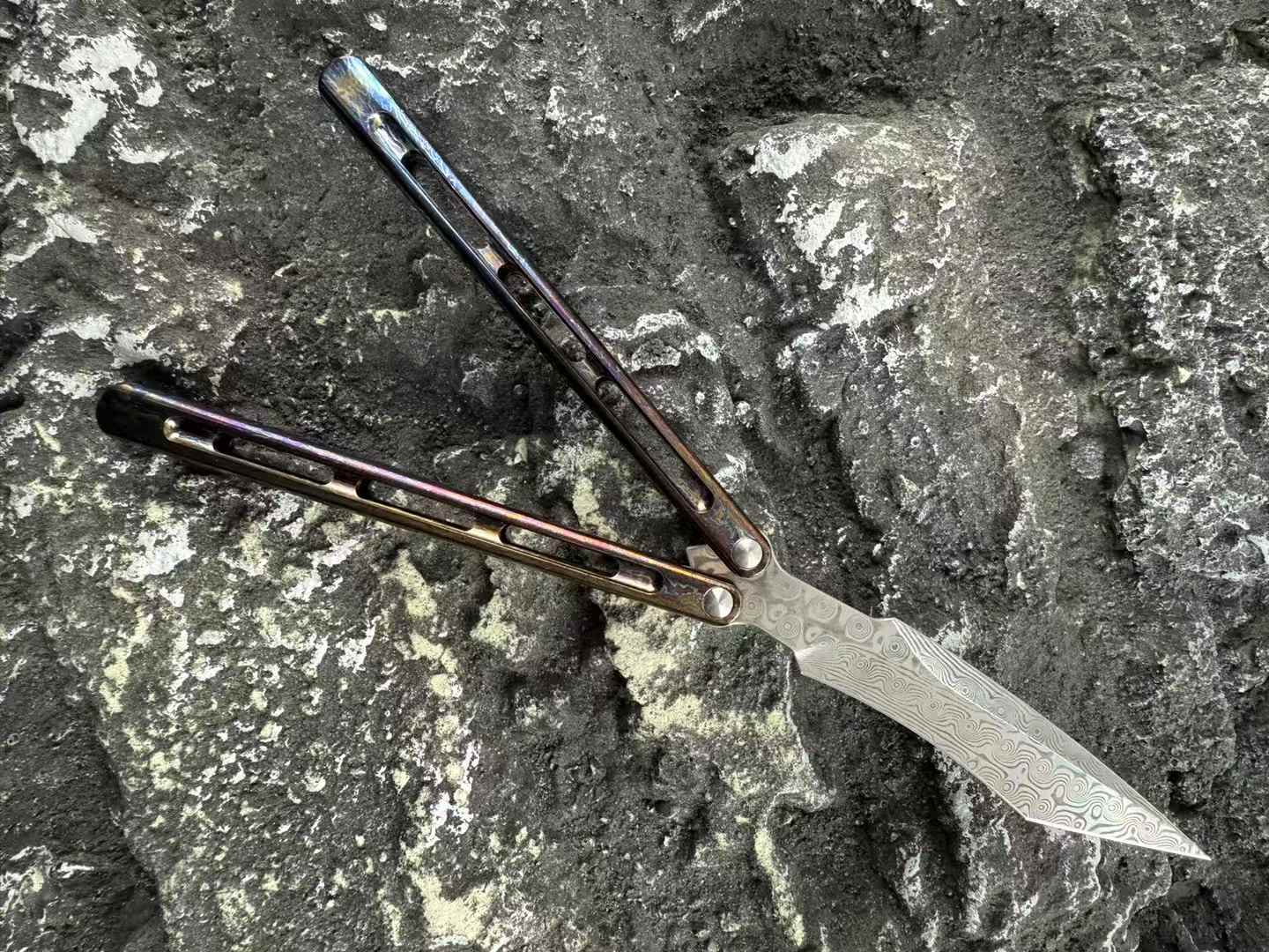 TheOne Integral Titanium Handle Flamed Viper Butterfly Damascus Blade Balisong Series - Tophatter Daily Deals