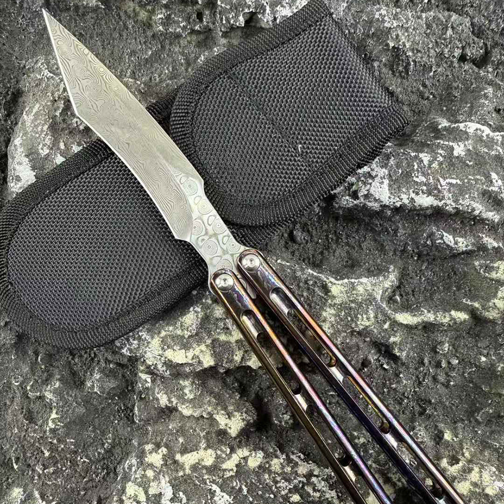 TheOne Integral Titanium Handle Flamed Viper Butterfly Damascus Blade Balisong Series - Tophatter Daily Deals